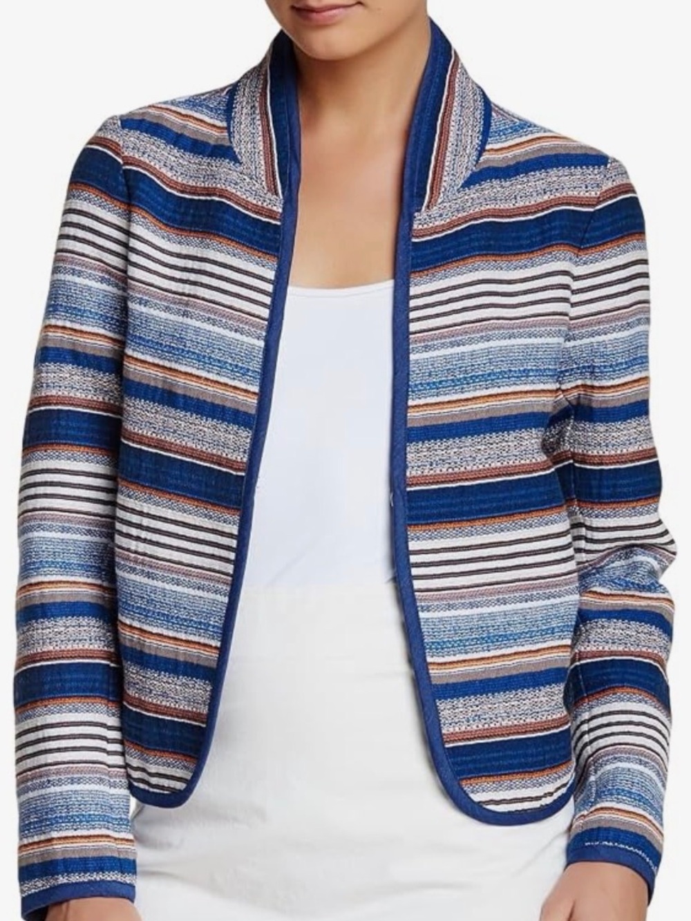 Striped Open-Front Blue and Multi-Color Jacket